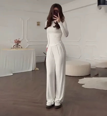 Solid Color Top Women Set Slim Fit Long Sleeved O-neck Top Pleated Straight Pocket Pants 2025 Spring/summer Vacation Women's Set.