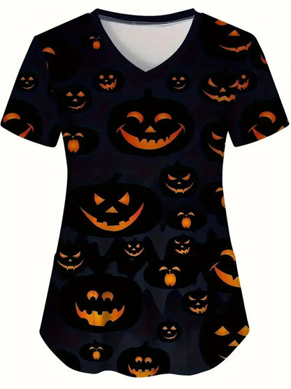 Halloween Surgical Uniforms Woman Cartoon Print Fashions Nurse Casual V-Neck Short Sleeve Patch Contest Clinical Uniform Woman.