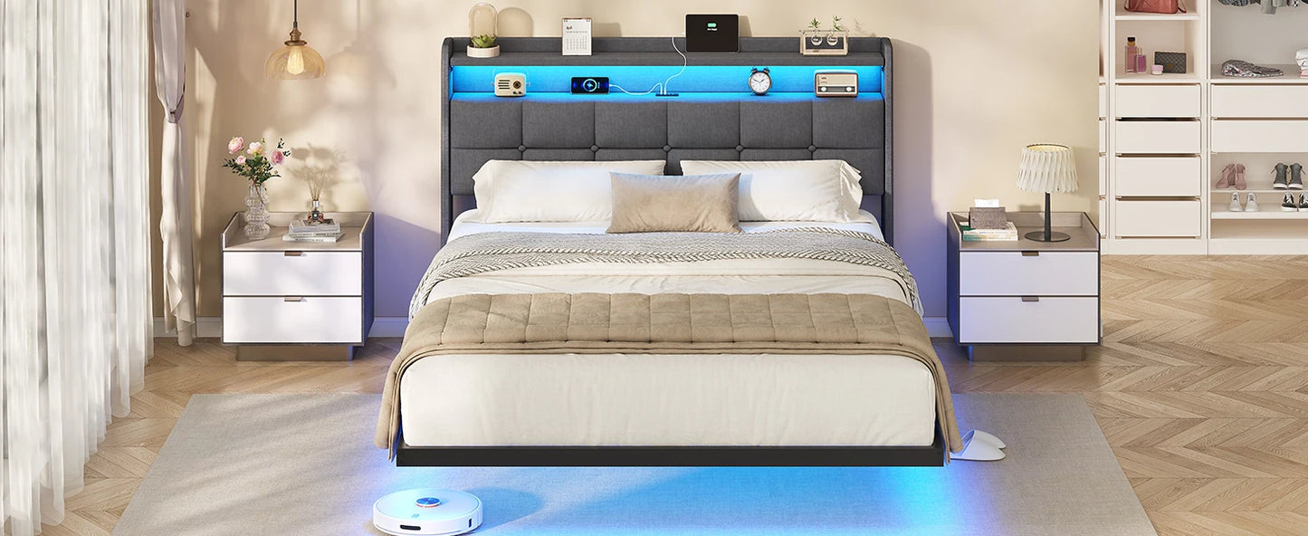 140 x 200 cm großes Polsterbett mit Doppelbettrahmen und LED-Beleuchtung und Ladestation. Kopfteil inklusive schwebendem Bettdesign