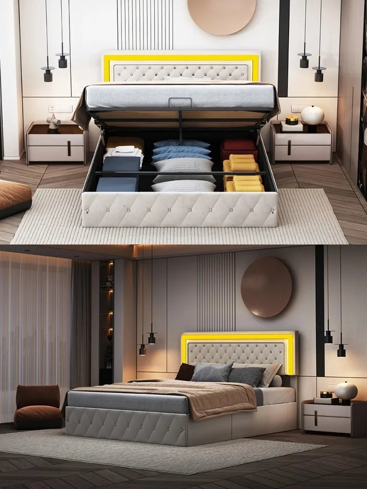 Creahappy Polsterbett – Doppelbett – verstellbares Kopfteil mit Hydraulikverschluss, Premium-Samtstoff – Beige