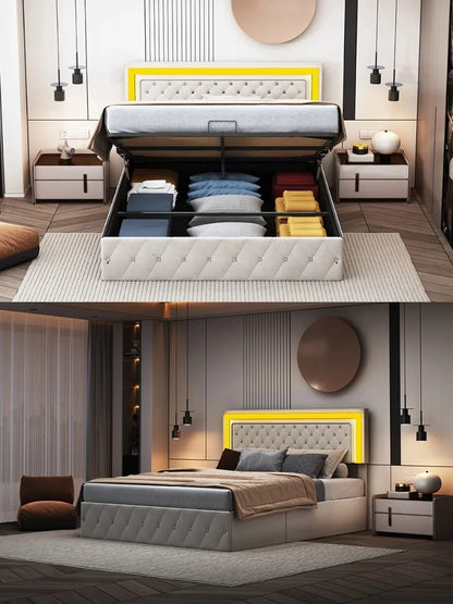 Creahappy Polsterbett – Doppelbett – verstellbares Kopfteil mit Hydraulikverschluss, Premium-Samtstoff – Beige