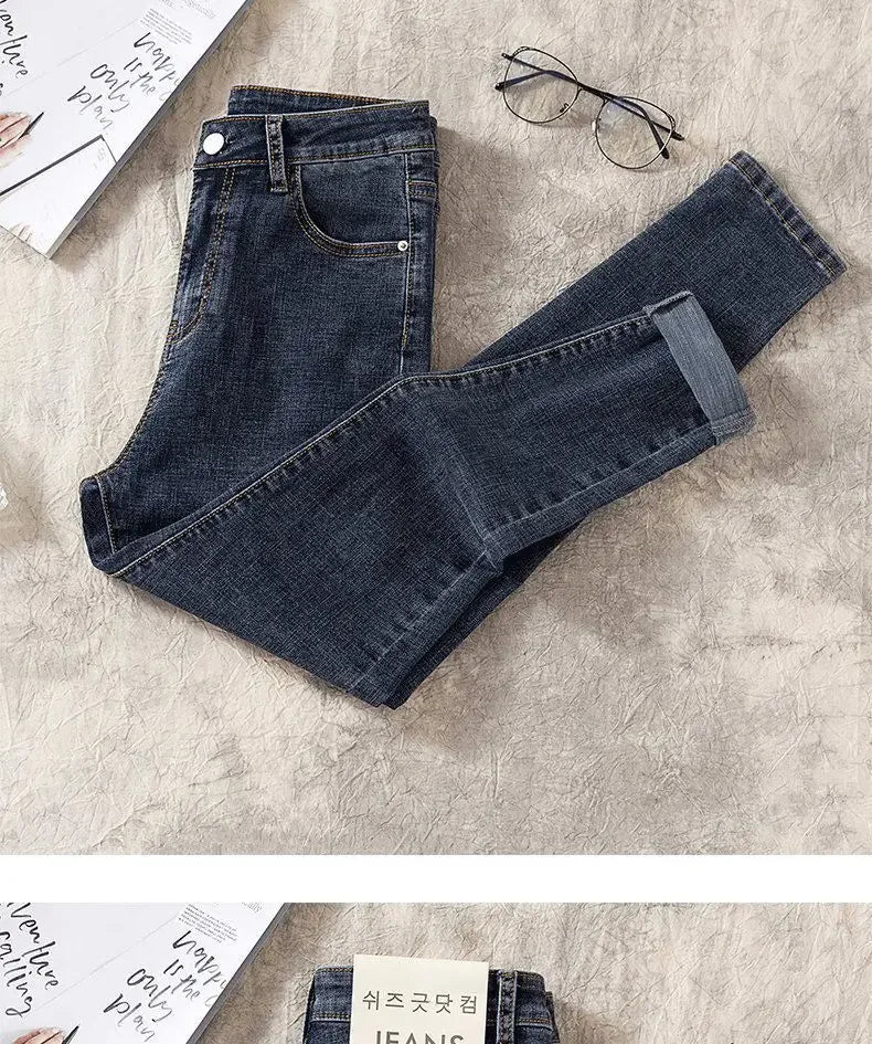 High Waist Nine-Tenths Women's Skinny Jeans Elastic Slimming Fashionable Spring Autumn New Style Small Foot Tight Pants.