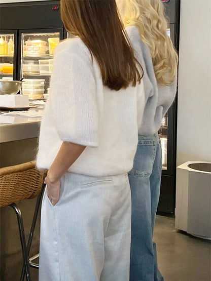 Damen Frühling Herbst Strickpullover Halbarm O Hals Einfarbig Lässige Strickwaren.