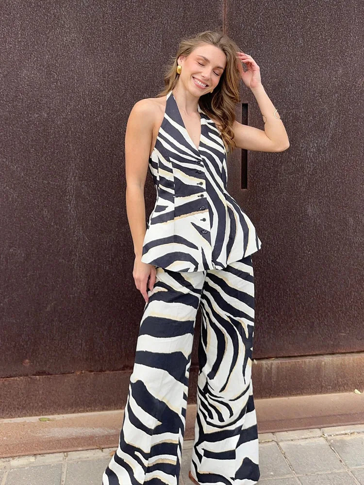 HH Women Pants Suit Fashion Zebra Stripes Single Breasted Sexy Sleeveless V-Neck Top+High Waist Zipper Casual Wide Leg Pants.