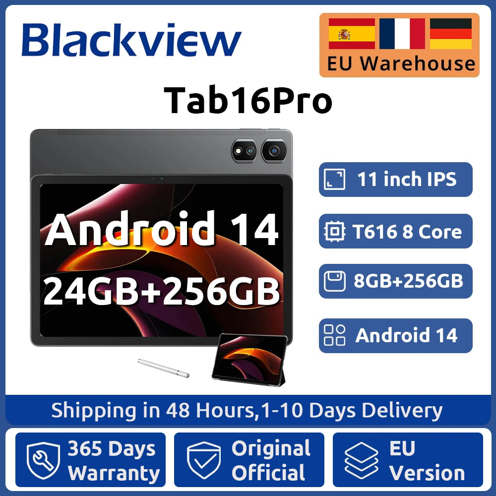 Blackview Android 14 Tab 16 Pro 11 Inch Touch Tablet 2K Screen 24GB +256GB 4G LTE+5G WiFi Gaming Tablets with Protective Shell.