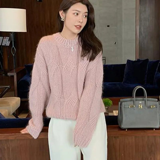 Biyaby Twist Gestrickte Pullover Frau Herbst Winter Faul Stil Oansatz Feste Pullover Frauen Casual Grundlegende Lose Pullover Damen.