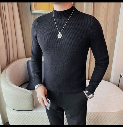 Half Turtleneck Sweater Men with Striped Wool in Autumn Winter Thickened Slightly Loose Base Knitted.