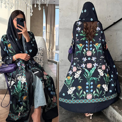 2025 Elegant Dubai Floral Print with Hijab Kimono Abaya Dress Luxury Saudi Arabia Muslim Women Islamic Middle East Turkey Robe.