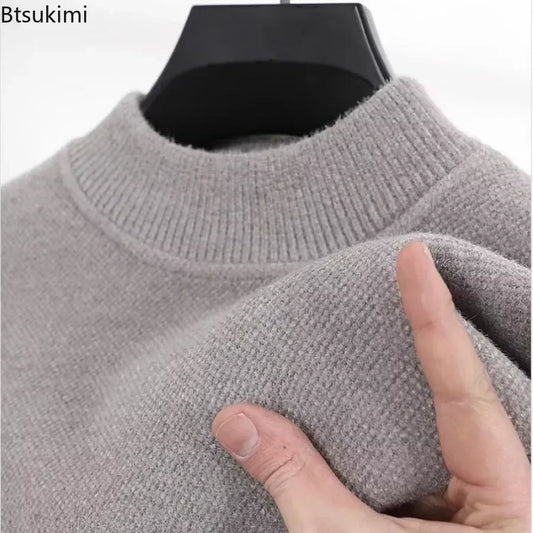 New 2025 Men's Cashmere Sweater Warm Thickened Winter Casual Solid Knitted Pullovers Mock Neck Thicker Fleece Sweater for Men.