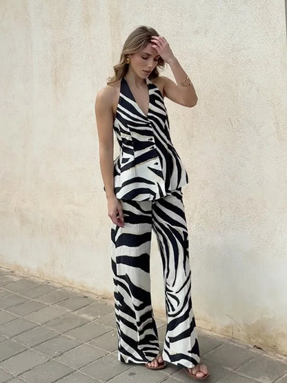 HH Women Pants Suit Fashion Zebra Stripes Single Breasted Sexy Sleeveless V-Neck Top+High Waist Zipper Casual Wide Leg Pants.