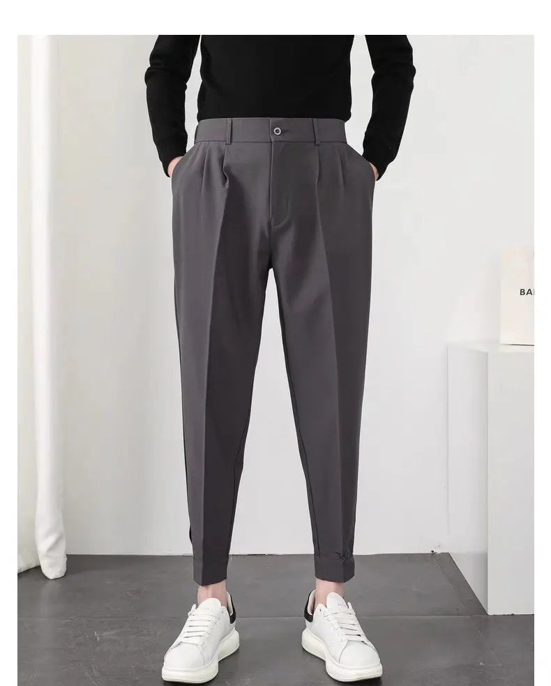 Fashion Men Casual Pants Elastic Waist Small Feet Slim Korean Style Pleated Tapered Male Blazer Pants Trousers Streetwear.