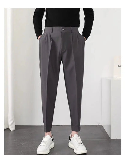 Fashion Men Casual Pants Elastic Waist Small Feet Slim Korean Style Pleated Tapered Male Blazer Pants Trousers Streetwear.