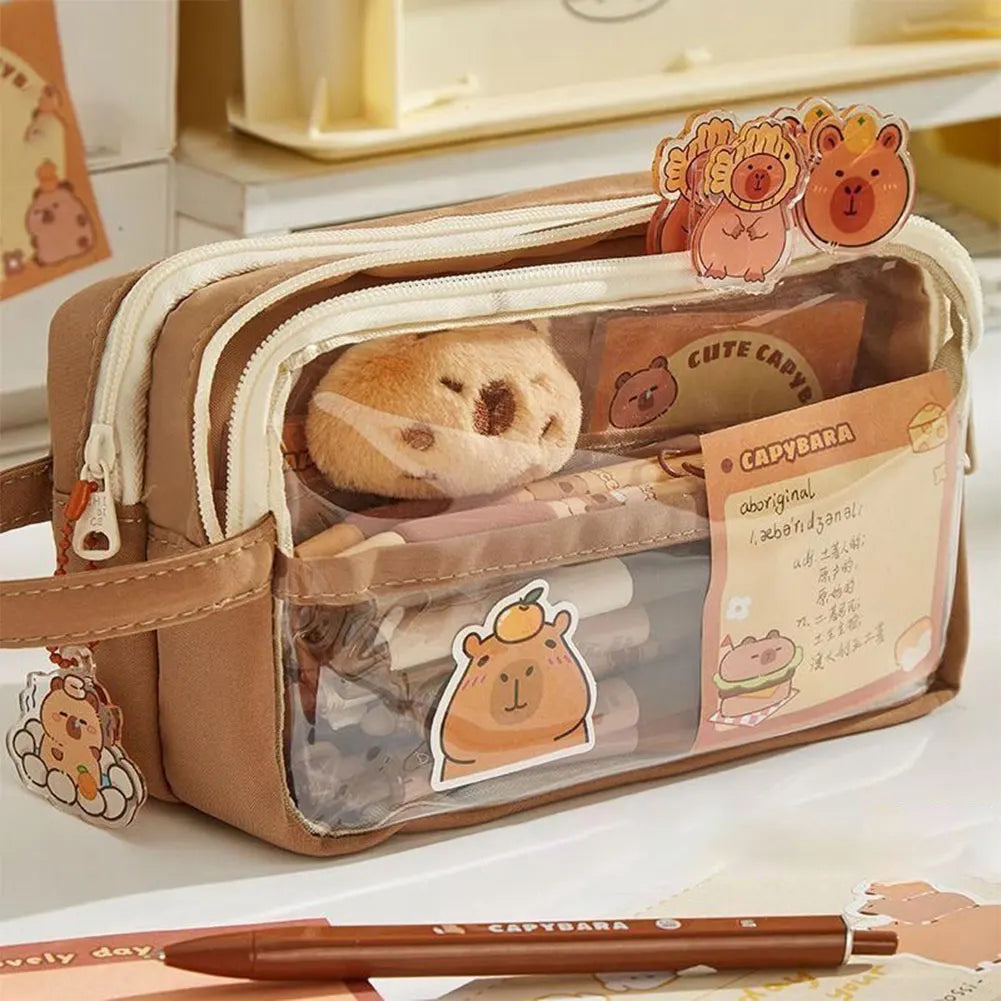Capybara Kawaii Pencil Case with Compartments Stationary Bag Clear Pen Bag with Sticker Pendant for Office College School.