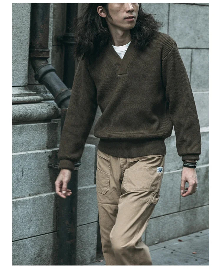 Bronson WWII USAAF Type A-1 Mechanic Sweater Men Heavyweight V-Neck Knit Jumper.