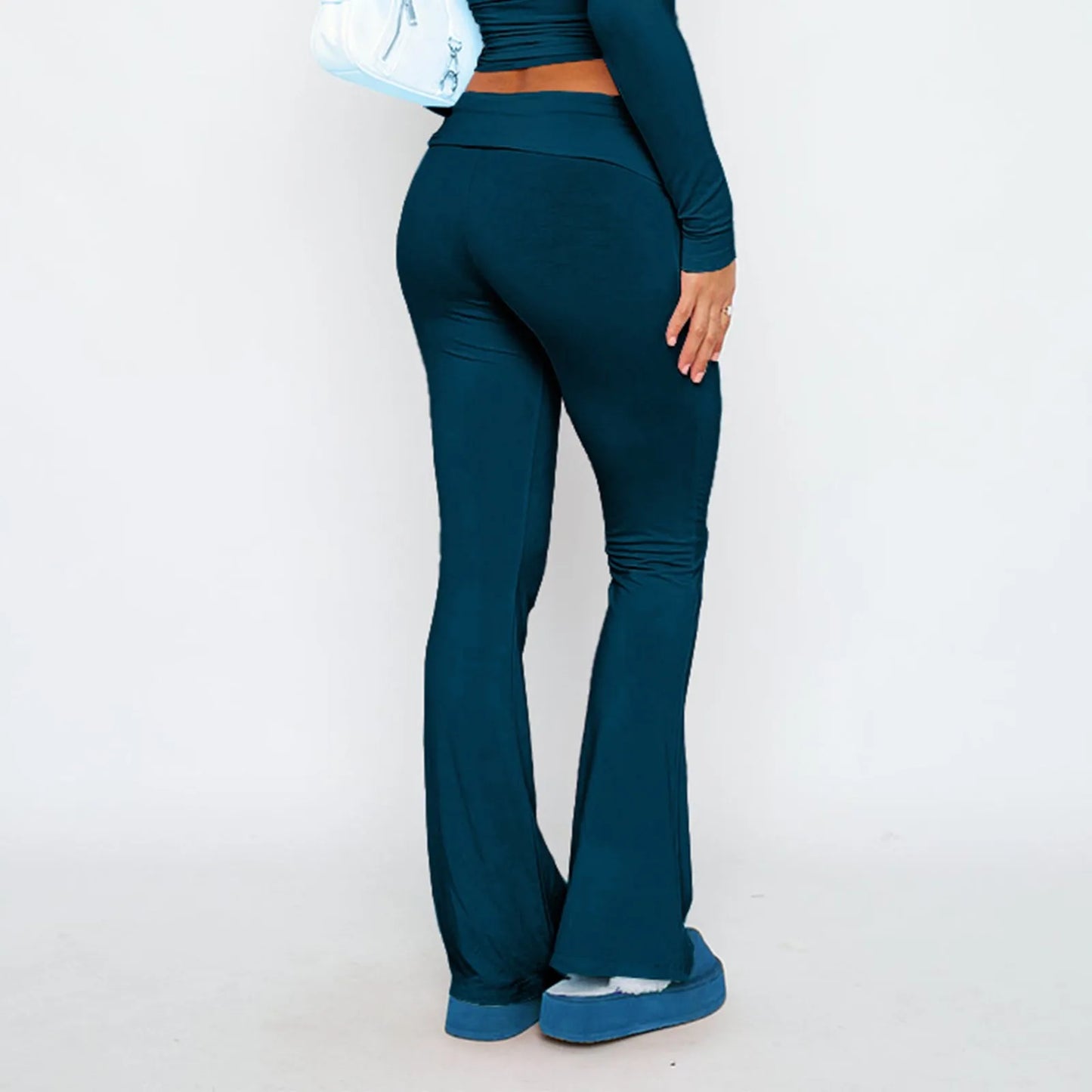 Damenmode, einfarbig, schmale Passform, schmale Reverse-Taille, niedrige Taille, elastische Taille, Schlaghose, Hose für Damen, Damenhose 2024