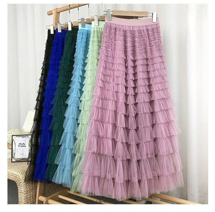 Chamliforve Women Tulle Mesh Skirt Elegant Elastic Waist Fairy Long A-line Tutu Skirt for Spring Summer Long Cake Skirt.