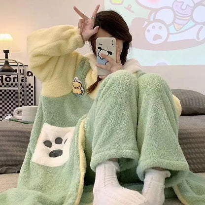 Winter Pochacco Sleepwear Women's Long Thickened Fleece Robe Set Cute Warm Flannel Student Outdoor Home Clothes Pajamas Set.