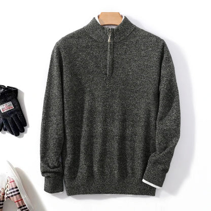 Autumn Winter Men's 100% Merino Wool Sweater Mock Collar Half Zip Knitted Pullover Cashmere Sweatshirt Casual Long Sleeved Tops.