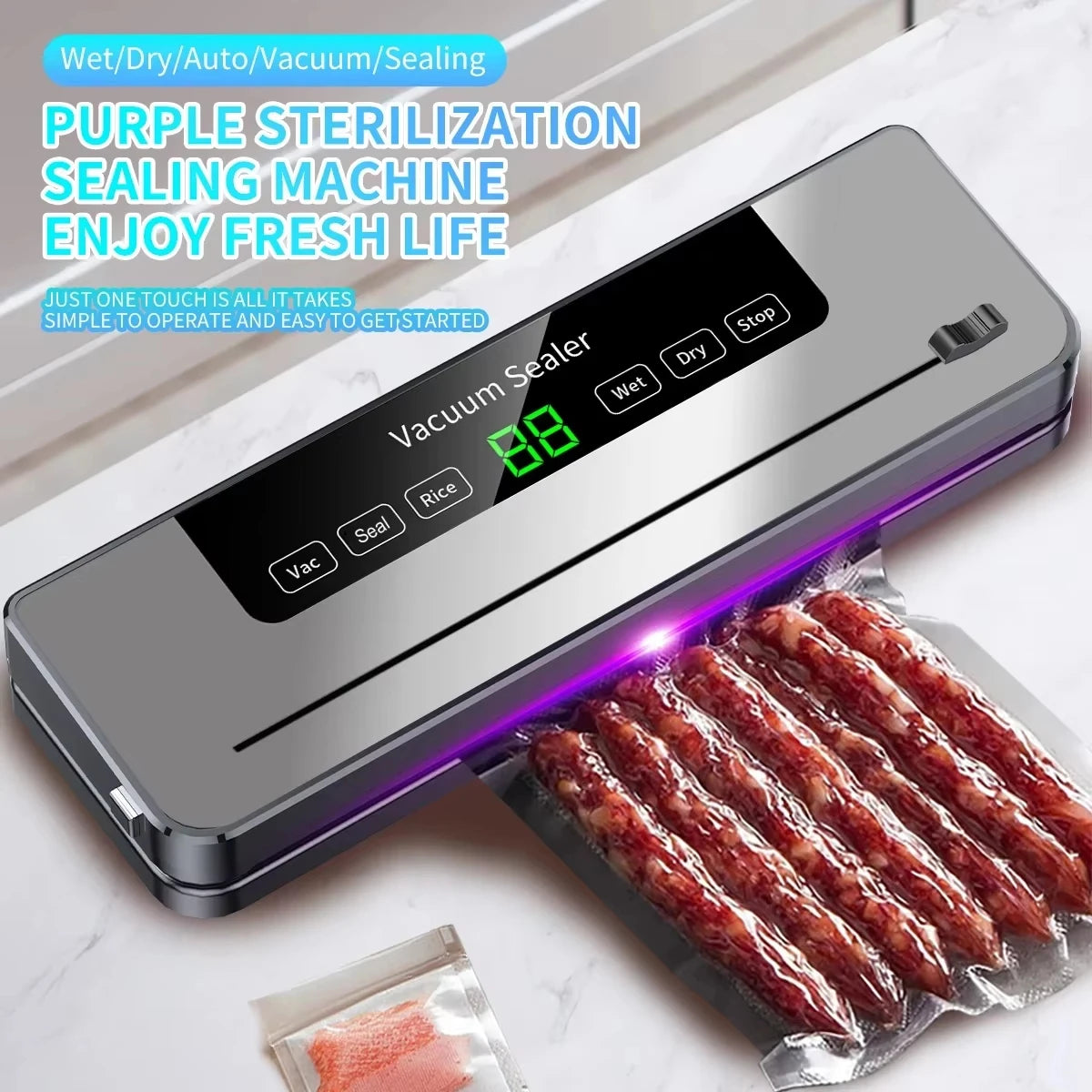 Electric Vacuum Sealer Dry/Wet Food Sealed Packaging Kitchen Food Storage Seal UV Sterilization Built-in Cutter Knife.