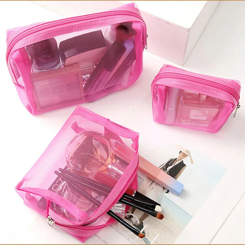 3Pcs/Set Small Large Cosmetic Bags Simple Mesh Storage Toiletry Bag PWomen Female Lightweight Transparent Makeup Bag with Zipper.