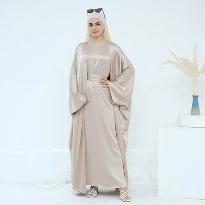 Two Piece Arabic Outfit Set for Muslim Women Elegant Modest Abaya Dress with Inner Ramadan Islamic Coat New Turkish Kaftan Robe