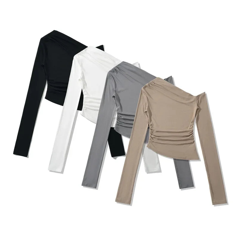 Slim Fit Long Sleeve T-Shirt Irregular Hem Slant Collar Pleated Pure Desirable Sexy Top for Women Fashionable Autumn New Style.