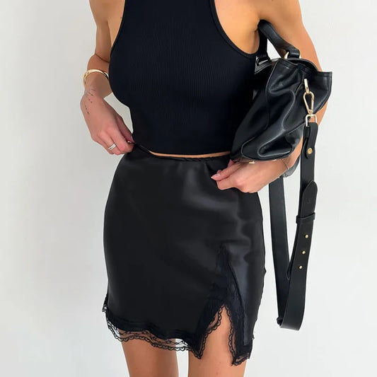 New Lace Patchwork Fashion Mini Skirt Split High Waist Sexy Black Skirt Summer Office Lady Skirt High Street Short Skirt Women.