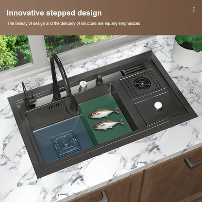 Neues abgestuftes Edelstahlspülbecken für die Küche, multifunktionale Tassenwaschbecken, Geschirrspülbecken, großes Einzelschlitz-Waschbecken