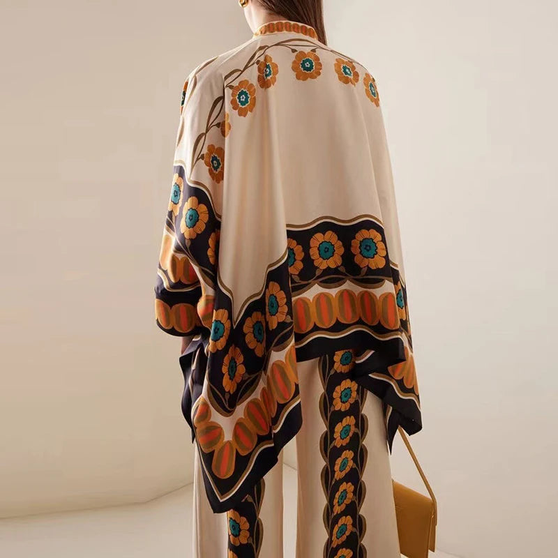 Retro Printed Loose Indie Folk Outfit Women Spring Stand Collar Button Irregular Top+Pant Set Fall Batwing Long Sleeve 2pcs Suit