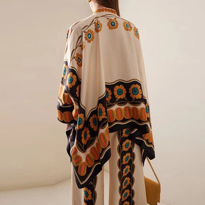 Retro Printed Loose Indie Folk Outfit Women Spring Stand Collar Button Irregular Top+Pant Set Fall Batwing Long Sleeve 2pcs Suit