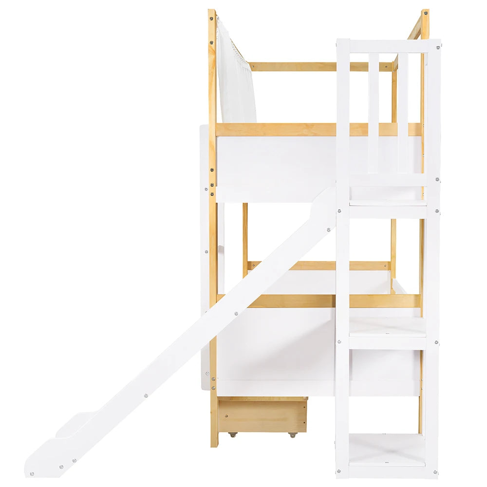 KOMHTOM Kinderetagenbett mit 2 Schubladen (mit Rollen), Kinderrutsche, 90x200cm