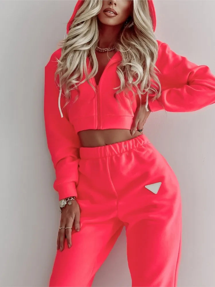 Spring Autumn Solid Color Hooded Pants Women'S 2 Piece Set Fashion Casual Pocket Long Sleeve Hoodie Female Street Wear Set 2025