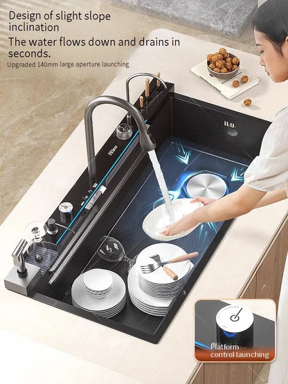 Edelstahl-Wasserfall-Küchenspüle, Digitalanzeige, Wasserhahn-Set, geprägt, extra groß, Einzelschlitz, mehrere Spülmaschinen