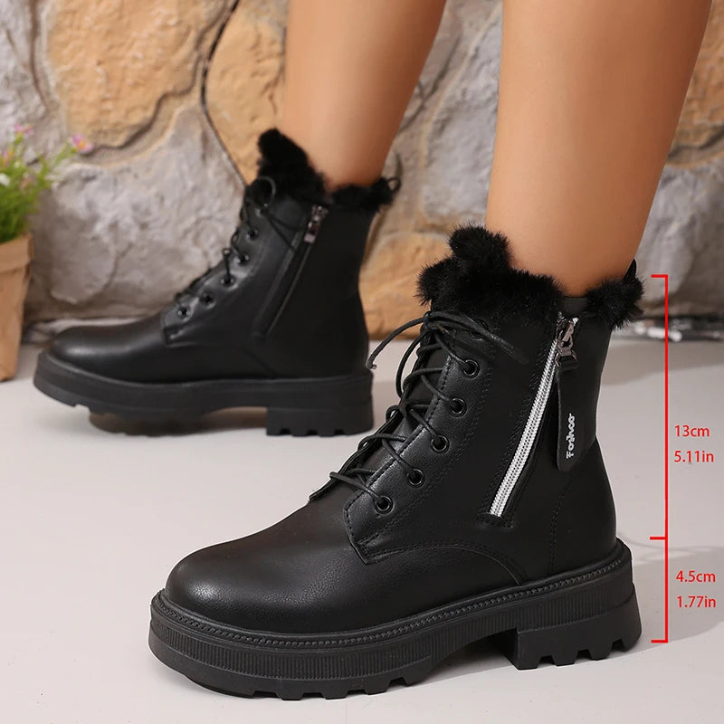 Women's Autumn Winter Ankle Boots Thick Sole Warm Plush Cotton Shoes Woman Fashion Black White Pu Leather Platform Botas Mujer.