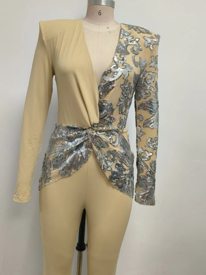 Sexy Deep V Neck Sparkly Diamonds Design Jumpsuit Women Long Sleeve Draped Wide Leg Jumpsuit Elegant Evening Club Costume Runway