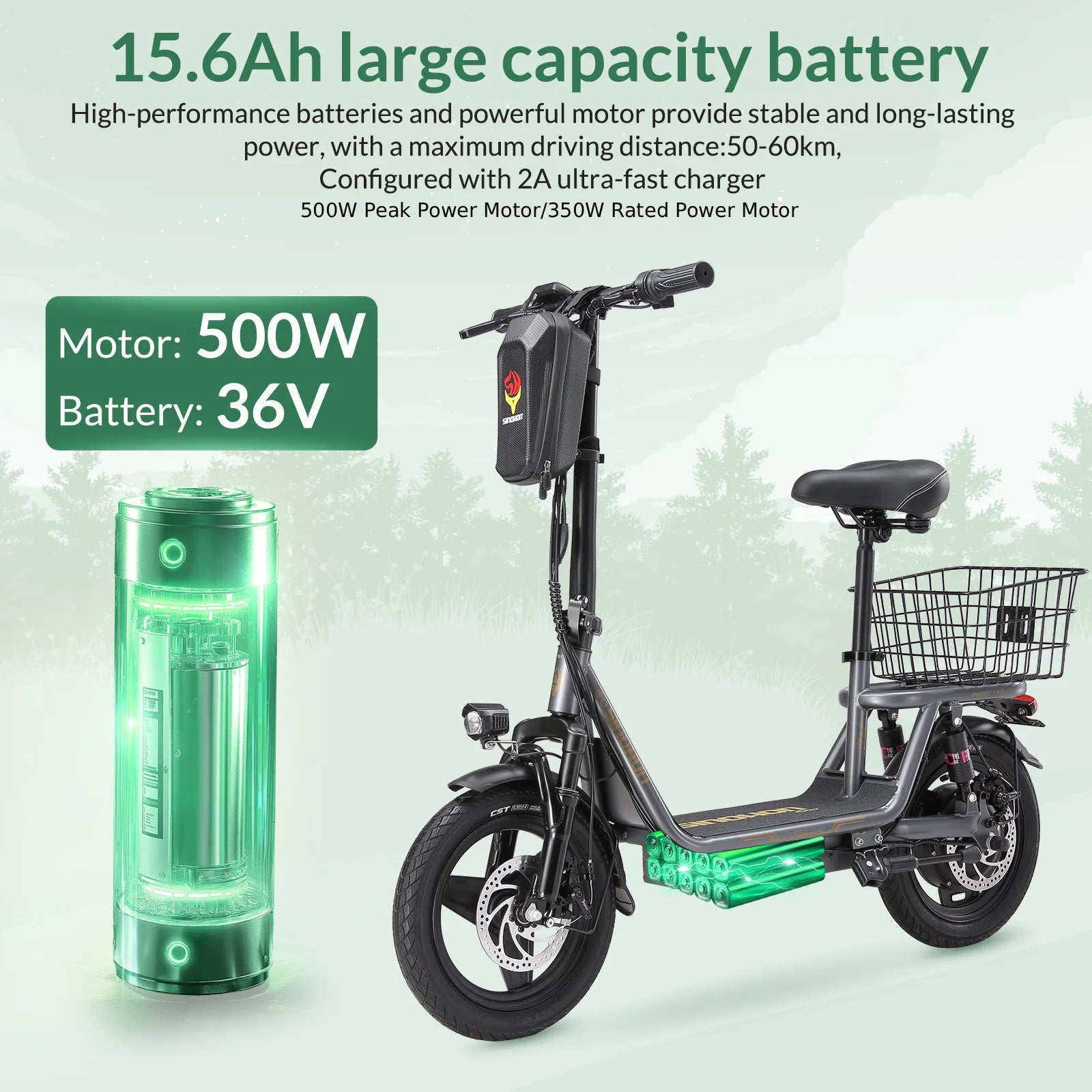 K14 Electric Scooter 500W Peak Motor, 14'' Tires,36V 15.6Ah Battery,32km/h Max Speed,50-60km Range,350W Rated Motor, Disc Brakes.