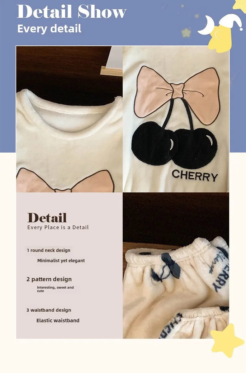 Thickened Warm Sleepwear for Winter Cartoon Flannel Pajamas Homewear Women Velvet Coral Velvet Cartoon Bear Nightwear Loungewear.