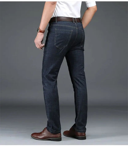 Classic Straight Men's Jeans Fitted Comfortable Elastic Business Casual Denim Pants Korean Fashion  Autumn Casual Trousers