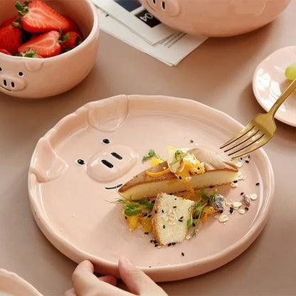 European Creative Cute Pink Pig Tableware Dishes Home Ceramic Plate Breakfast Nordic Wind Irregular Matte Plate Kitchen Utensils.