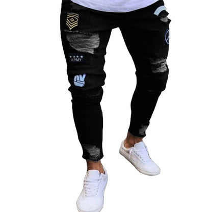 White Embroidery Skinny Ripped Jeans Men Cotton Stretchy Hole Slim Fit Hip Hop Denim Pants Casual Jeans for Men Jogging Trousers.