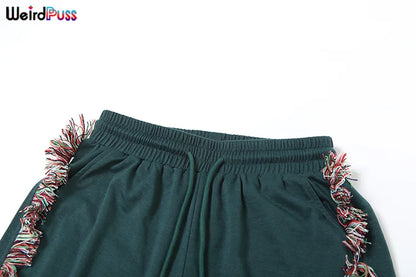 Weird Puss Casual Sporty 2 Piece Set Women Letter Embroidery Crop Tops+Side Tassel Straight Pants Matching Streetwear Tracksuits