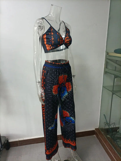 Sexy Two Piece Set Women Outfit 2025 Summer Butterfly Print V-Neck Cropped Top High Waist Drawstring Casual Wide Leg Pants Sets.