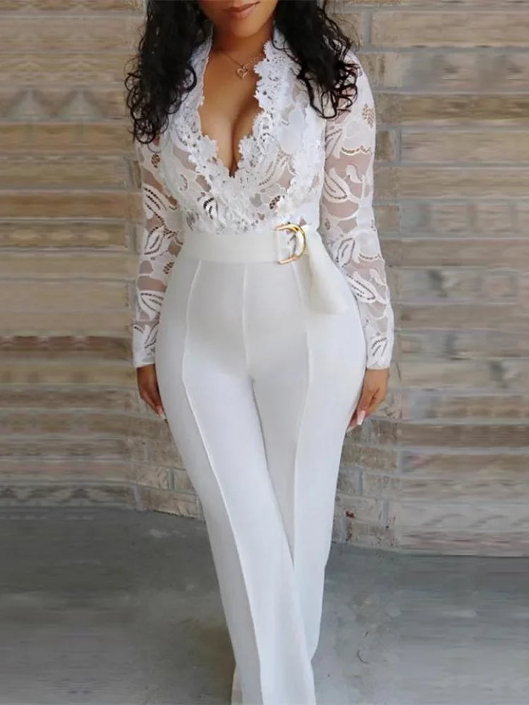 White Lace Jumpsuit Women Sexy V Neck Lace-up Stitching Long Sleeve Wide Leg Long Pants Office Lady Romper Overalls Jumpsuits.