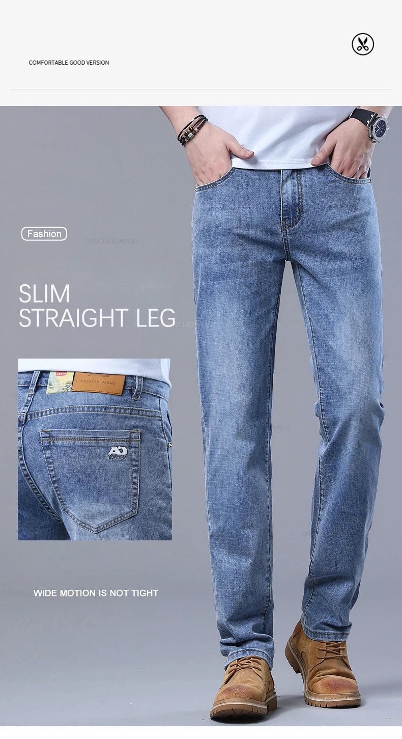 Spring Men's Light Blue Slim Jeans Stylish Casual Stretch Fabric Denim Pants Classic Trousers Smoke Gray.