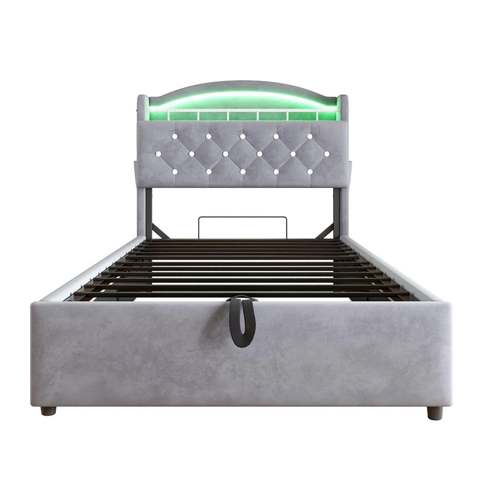 KOMHTOM Kinder Polsterbett 90x200 cm Samt Einzelbett, Multifunktionsbett mit Stauraum, LED und USB