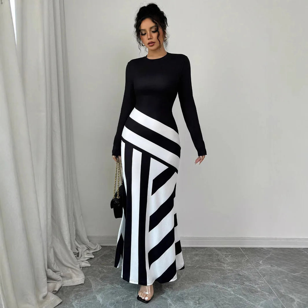 Sexy frauen Maxi Kleider Neue Herbst Streetwear Fashion Schwarz Weiß Patchwork Beiläufige Dünnes Kleid Elegante Gestrickte Kleider Kleidung.
