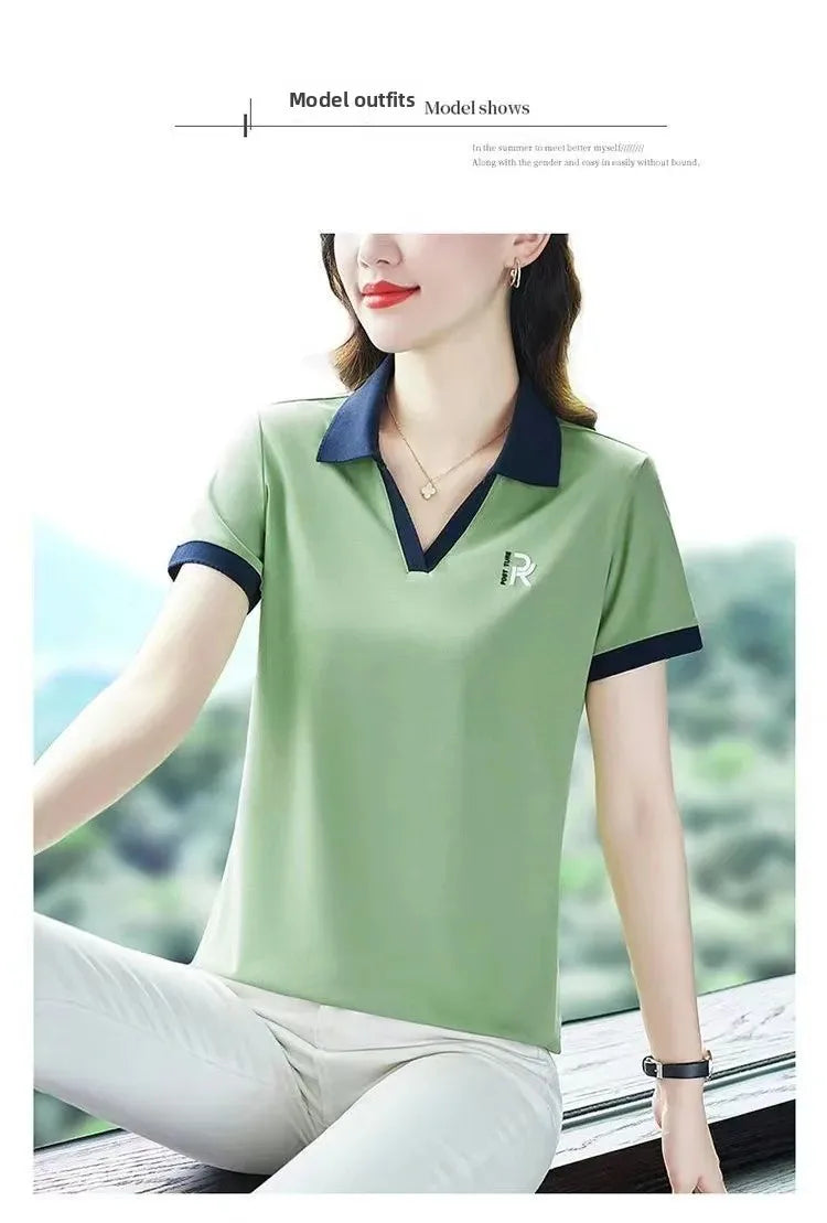 Loose Fit Polo Shirt Short Sleeve Turn-down Collar T-shirt for Middle-aged Mothers Summer New Style Sport Casual Top plus Size.