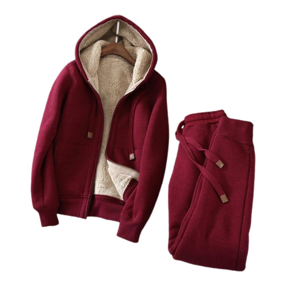 Women's Sweatshirt Pants Suit Autumn and Winter Warm Long-sleeved Fleece Thick Hoodie Coat Jogger Pants Sportswear Two-piece Set.
