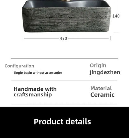 Jingdezhen Keramikgefäßwaschbecken – handgefertigtes rustikales Schwarz- und Sandkunstwaschbecken mit Spritzschutz-Design für den Badezimmer-Waschtisch individuell anpassbar