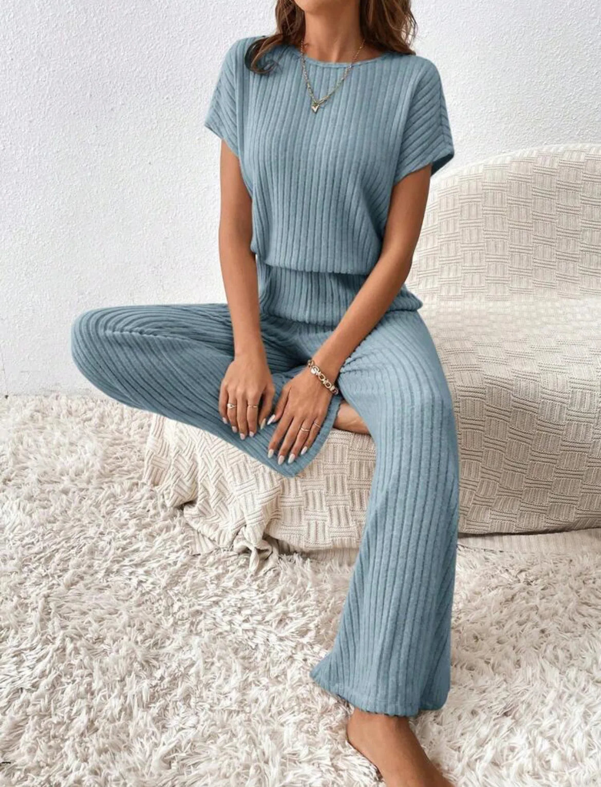 Two Piece Pant Sets Women Straight Pants Tops Pullover Short Sleeve Round Neck Spliced Top Solid Casual Streetwear Summer